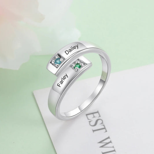 Personalized Women Rings with Birthstone Custom 2 Names Engraved Adjustable Promise Rings for Couples Jewelry(JewelOra RI103934)
