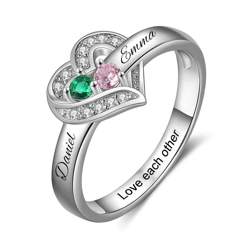 Personalized 1-8 Birthstone Rings for Women Customized Engraved Name Rings for Her Custom Cubic Zirconia Stones Heart Rings Gift