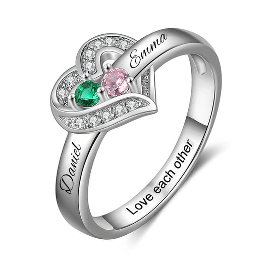 Personalized 1-8 Birthstone Rings for Women Customized Engraved Name Rings for Her Custom Cubic Zirconia Stones Heart Rings Gift