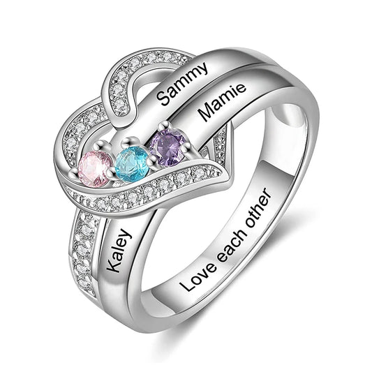 Personalized 1-8 Birthstone Rings for Women Customized Engraved Name Rings for Her Custom Cubic Zirconia Stones Heart Rings Gift
