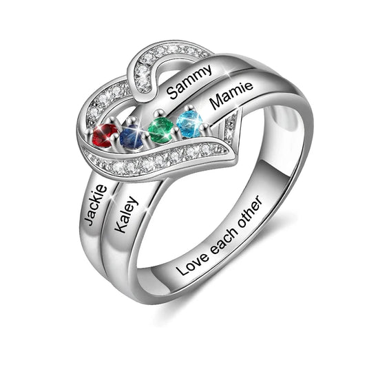 Personalized 1-8 Birthstone Rings for Women Customized Engraved Name Rings for Her Custom Cubic Zirconia Stones Heart Rings Gift