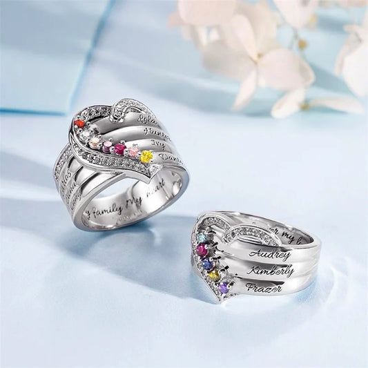 Personalized 1-8 Birthstone Rings for Women Customized Engraved Name Rings for Her Custom Cubic Zirconia Stones Heart Rings Gift
