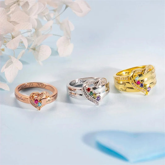 Personalized 1-8 Birthstone Rings for Women Customized Engraved Name Rings for Her Custom Cubic Zirconia Stones Heart Rings Gift