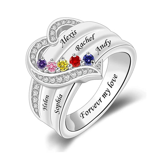 Personalized 1-8 Birthstone Rings for Women Customized Engraved Name Rings for Her Custom Cubic Zirconia Stones Heart Rings Gift