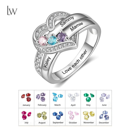 Personalized 1-8 Birthstone Rings for Women Customized Engraved Name Rings for Her Custom Cubic Zirconia Stones Heart Rings Gift