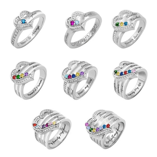 Personalized 1-8 Birthstone Rings for Women Customized Engraved Name Rings for Her Custom Cubic Zirconia Stones Heart Rings Gift