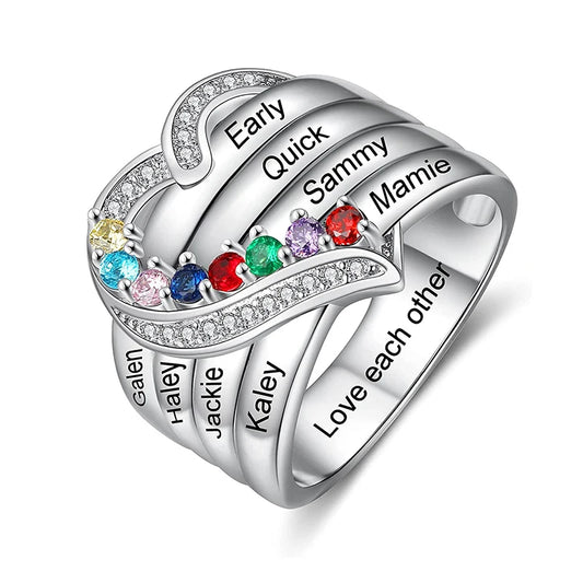 Personalized 1-8 Birthstone Rings for Women Customized Engraved Name Rings for Her Custom Cubic Zirconia Stones Heart Rings Gift