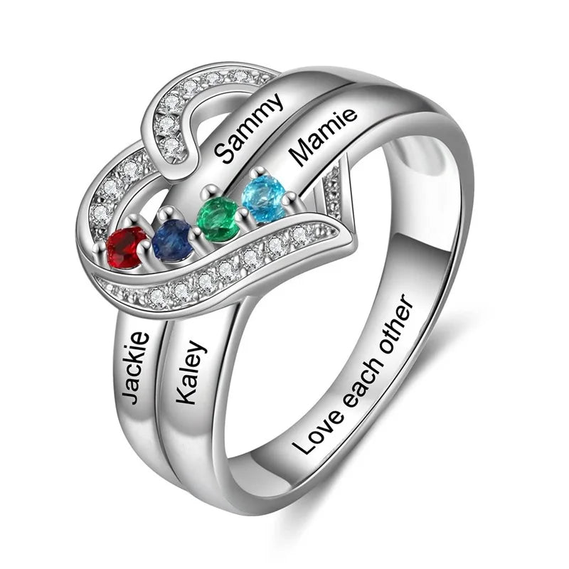 Personalized 1-8 Birthstone Rings for Women Customized Engraved Name Rings for Her Custom Cubic Zirconia Stones Heart Rings Gift