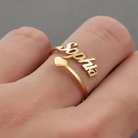 Personalized Ring Customized Name Ring Heart Shaped Stainless Steel Adjustable Ring Women's Jewelry Gifts