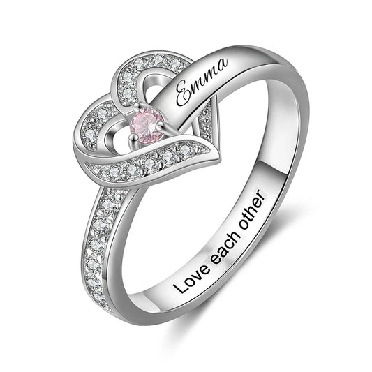 Personalized 1-8 Birthstone Rings for Women Customized Engraved Name Rings for Her Custom Cubic Zirconia Stones Heart Rings Gift